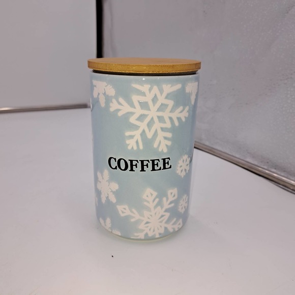 Tiffany color Blue and White Snowflakes Ceramic Wood Coffee Jar - Picture 1 of 6